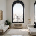 snow-white luxury apartment interior with Egyptian-style decor with light stylish furniture huge panoramic windows and Royalty Free Stock Photo