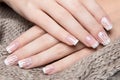 Snow White manicure on female hands. Winter nail design. Royalty Free Stock Photo