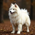 Snow white Samoyed standing, luxurious coat, earthy brown setting, fur, brown background Royalty Free Stock Photo