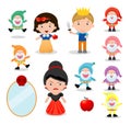 Snow white and the seven dwarfs, Snow White on white background, prince, Princess and Dwarfs and witch, Vector Illustration.