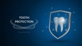 Snow white, sparkling tooth protects itself with a shield against dental diseases. Teeth protection concept for dental