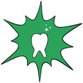 Snow-white tooth. Vector icon. Isolated white background. Radiates whiteness. Green background in the form of a blot. Medical.