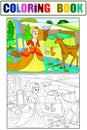 Snow White in the woods with animals. Tale, cartoon, color book black lines on a blank background. Coloring, black and