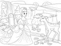 Snow White in the woods with animals. Tale, cartoon, coloring book black lines on a blank background