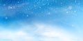 Snow winter background. Christmas sky landscape with cold cloud, blizzard, stylized and blurred snowflakes, snowdrift in Royalty Free Stock Photo