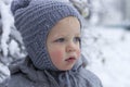 Snow winter close up portrait of cute toddler Royalty Free Stock Photo