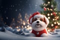 a snow winter cute puppy dog pet christmas present gift love holiday lights tree snowy snowfall cold play outdoors happy loved