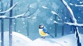 Snow winter with cute songbird. Bird Blue Tit in forest snowflakes nice lichen branch Generative AI