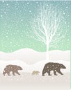 Snow winter forest landscape with grizzly bears