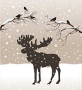 Snow winter forest landscape with moose and birds