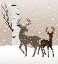 Snow winter landscape with two deers and birch tree