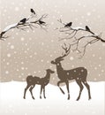 Snow winter landscape with two deers and birds Royalty Free Stock Photo