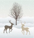 Snow winter landscape with two deers and tree