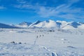 Skiing group in snow winter in the mountains of Sweden  Sarek and Abisko Royalty Free Stock Photo