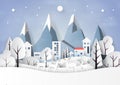 Snow and winter season with nature landscape and countryside for merry christmas and happy new year paper art style.Vector Royalty Free Stock Photo