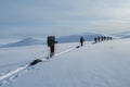 Winter skiing expedition in the far north beyond polar circle