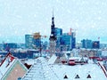 Tallinn old town panorama  snowy  medieval city roof house and town hall tower i Royalty Free Stock Photo