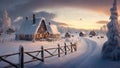 Snow winter wonderland house at sunset. Icy landscape with warm home. Country road with fence and dawn sky.