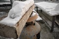 snow on wood and table with corrosive metals Royalty Free Stock Photo