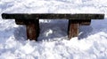 Snow and wooden bench in the walkway forest winter Royalty Free Stock Photo