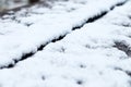 Snow on wooden desk outdoor - close up - short focus Royalty Free Stock Photo