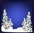 Snow xmas tree on holiday night background. Winter evergreen christmas tree pine with decorated with spruce toys in winter forest Royalty Free Stock Photo