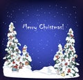 Snow xmas tree on holiday night background. Winter evergreen christmas tree pine with decorated with spruce toys in winter forest Royalty Free Stock Photo