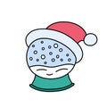 Snowball doodles isolated. Cartoon funny crystal snow ball in Santa Claus cap. Vector illustration. Christmas and winter symbol Royalty Free Stock Photo