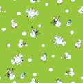 Snowball fight snowmen on a snow day seamless vector pattern on green background Royalty Free Stock Photo