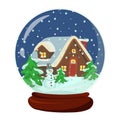 Snowball with house landscape and snowman isolated on blue background Royalty Free Stock Photo