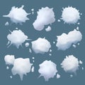 Snowball realistic. Fight funny game with round frozen snowballs slush vector pictures set