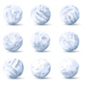 Snowballs. Round snow and ice pieces, realistic white snowball 3d vector isolated set for childrens winter leisure game