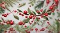 Snowberries with green twigs of Christmas tree, red decorations and cones in a festive garland. Royalty Free Stock Photo