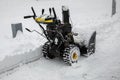 Snowblower parked in a park during a snowfall