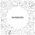 Snowboard background from line icon. Linear vector pattern.