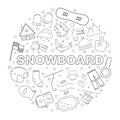 Snowboard background from line icon. Linear vector pattern.