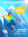 Snowboard championship event poster. Snowboarder jump.