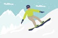 snowboard. Couple of snowboarders in mountains. Winter sport and recreation. Snowboarding resort with young man. Flat