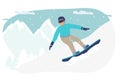 snowboard. Couple of snowboarders in mountains. Winter sport and recreation. Snowboarding resort with young man. Flat