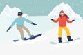 snowboard. Couple of snowboarders in mountains. Winter sport and recreation. Snowboarding resort with young man, woman. Flat