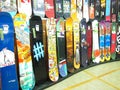 Snowboard display in a store.