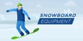 Snowboard equipment flat color banner template. Snowboarding hobby, winter activities and ski resort recreation, extreme