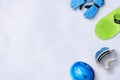 Snowboard equipment laid out in the snow. Copy space, flat lay, top view composition Royalty Free Stock Photo