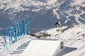 04.02.2022: Snowboard freestyle big air contest in Madonna di campiglio Snowboard tricks on kicker. Val Rendena dolomites Italy