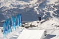 04.02.2022: Snowboard freestyle big air contest in Madonna di campiglio Snowboard tricks on kicker. Val Rendena dolomites Italy