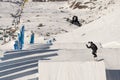 04.02.2022: Snowboard freestyle big air contest in Madonna di campiglio Snowboard tricks on kicker. Val Rendena dolomites Italy