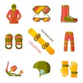 Snowboard icon collection. Set with equipment, wear and shoes
