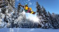 Snowboard jump in pine forest Royalty Free Stock Photo