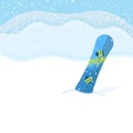 Snowboard on landscape background