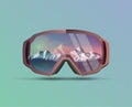 Snowboard protective mask with mountains landscape on reflection. Mountain sky glasses. Snowboarding Goggles. Extreme sport vector